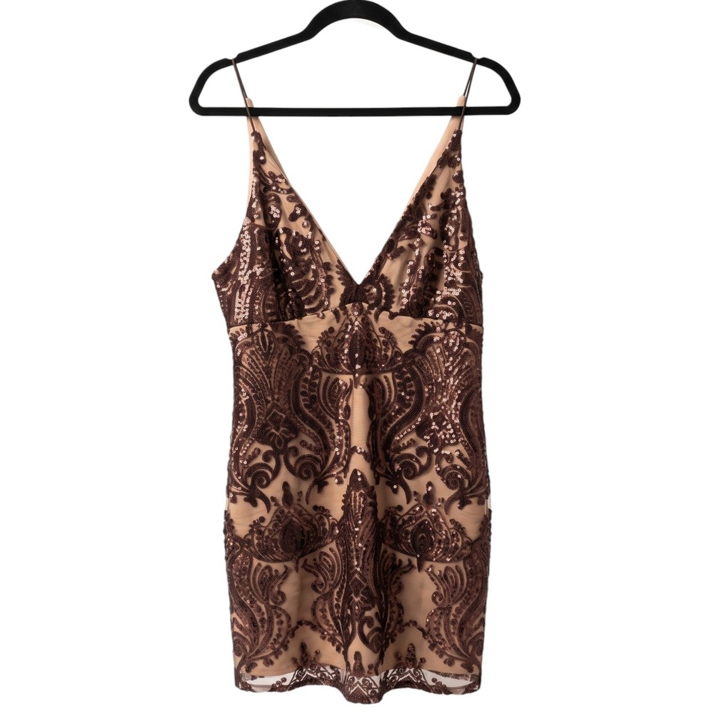 FREE PEOPLE Night Shimmers Mini Dress Size 12 Embroidered Sequin Slip Brown $108 - Picture 2 of 8
